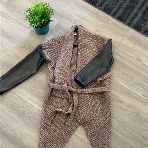Faux leather sleeve wrap cardigan